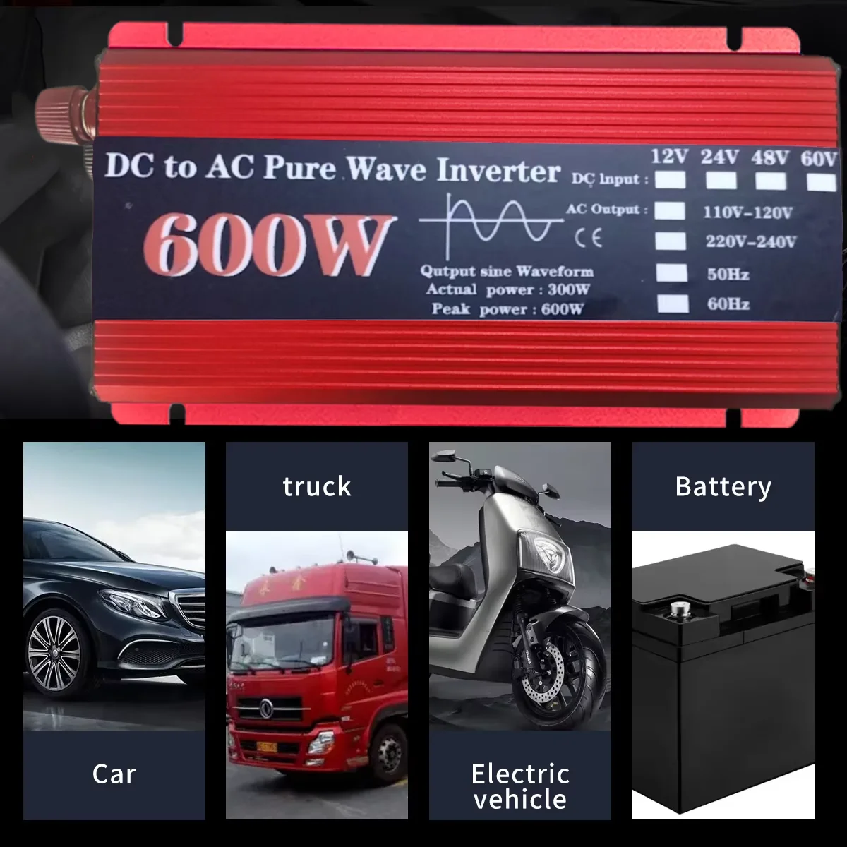 Pure Sine Wave Inverter 600W DC 12V 24V To AC 220V 240V Portable Power Station Solar Car Inverter Off Grid RV Boat Emergency