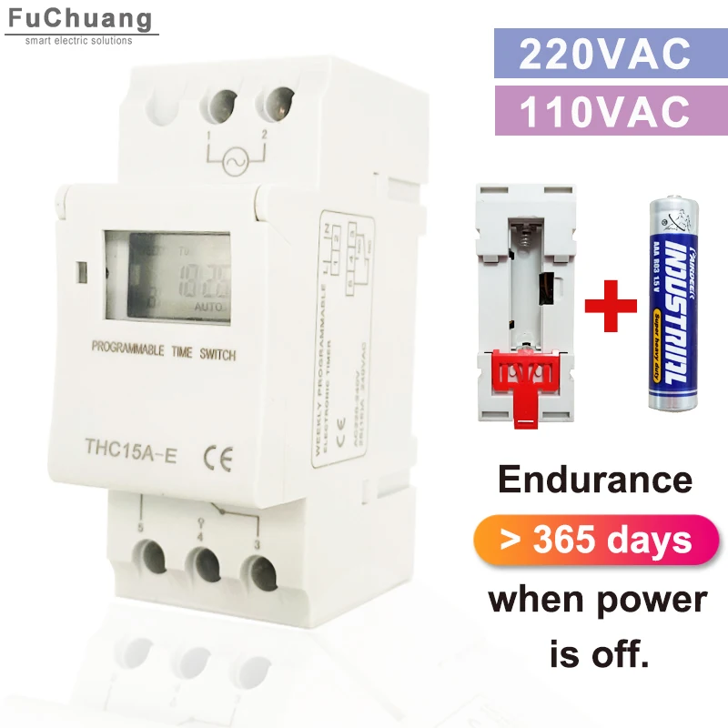 Digital Industrial Time Switch THC15A-E Electronic Weekly 7 Days Programmable Timer Relay with No.7 battery extending endurance