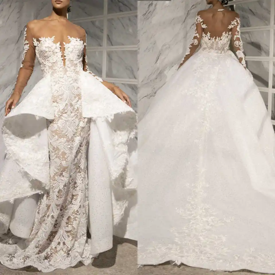 New Arrival Wedding Dresses Mermaid Appliques Long Sleeve Detachable Train Bride Wedding Dresses Robe de mariée Customized