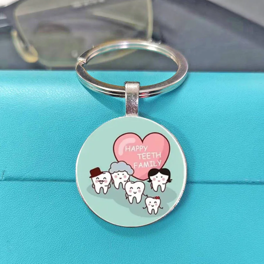 New Mint Green Base Cheerful Smiling Tooth Pattern Convex Glass Cabochon Keychain Oral Care Bag Car Pendant Present
