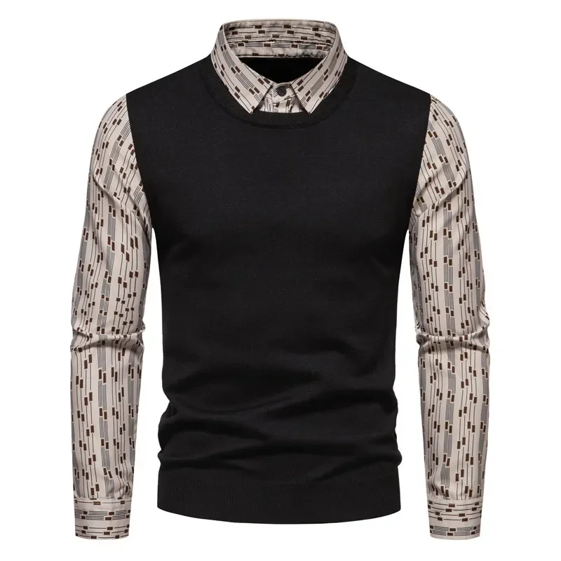 

2023 Autumn/Winter New Knitwear Men's Slim Fit Fake Two Piece Splice Sweater Shirt Collar Knitwear