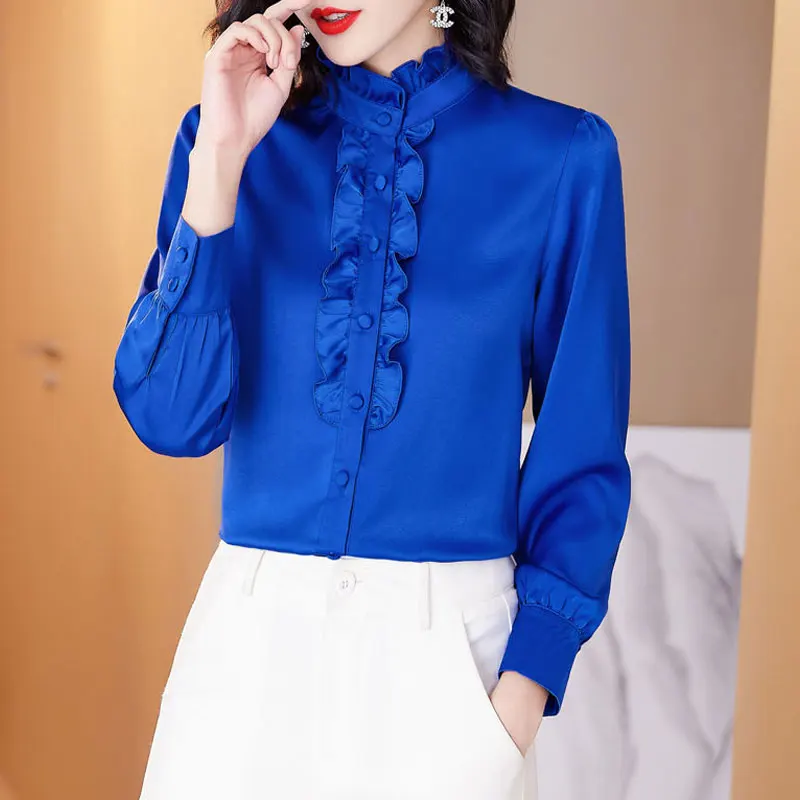 Office Lady Ruffled Neck Long Sleeve Blouse Spring Autumn Silk Edible Tree Fungus Chic Single-breasted Korean All-match Shirt