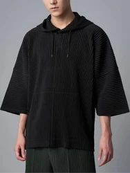 Miyake Pleated Men Black Sweatshirt Three Quarter Sleeve Hoodie With Big Pockets Breathable Loose Drawstring Casual Top