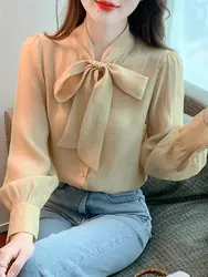 Spring Autumn New Solid Color V-neck Long Sleeve Fashion Shirt Women High Street Casual Button Cardigan Lacing Bow All-match Top