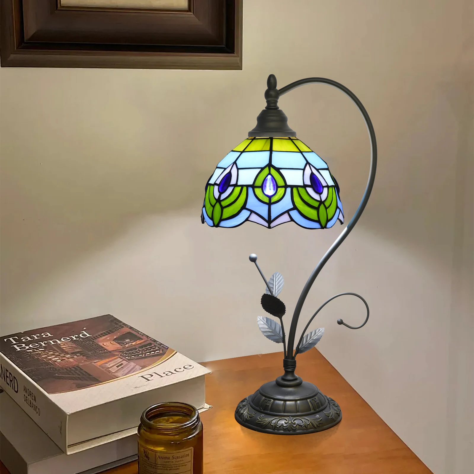 Tiffany Table Lamp, Stained Glass Desk Reading Light,Metal Leaf Table Lamp Base  Blue Peacock Crystal Desk lamp for Home Office