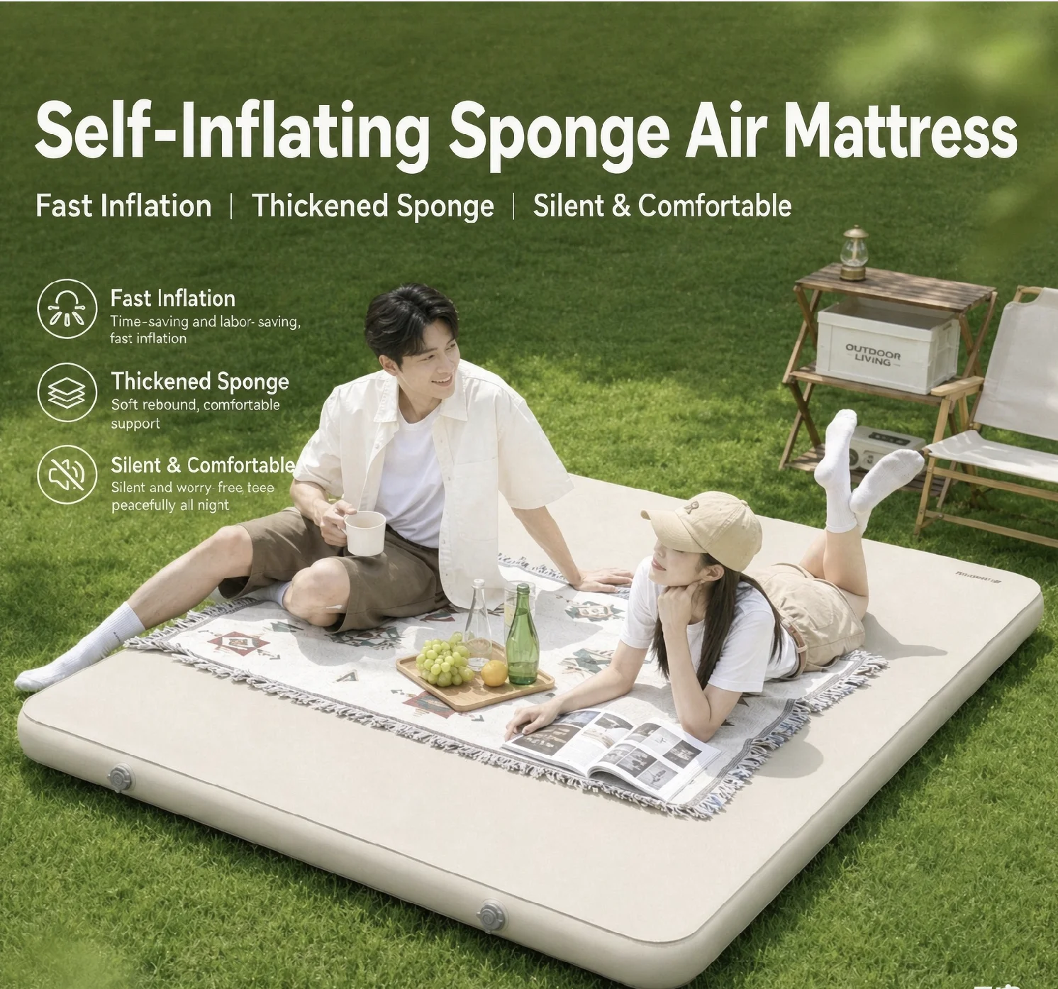 Self-Inflating Camping Sleeping Pad with High-Elastic Sponge Core, Silent Double Air Mattress with Carry Bag for Tent Outdoor