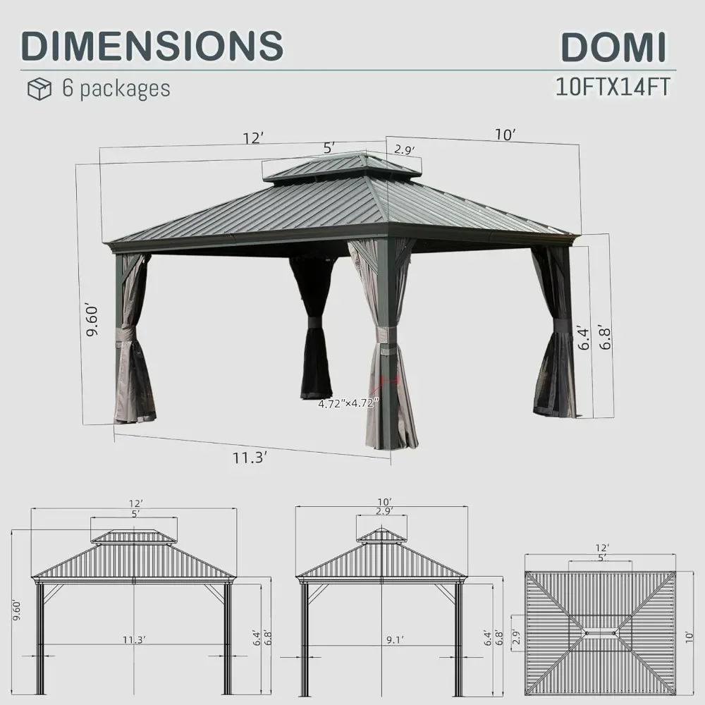 10x14FT Hardtop Gazebo, Outdoor Gazebo with Galvanized Steel Double Roof and Aluminum Frame Curtain and Netting, Pavilion Gazebo