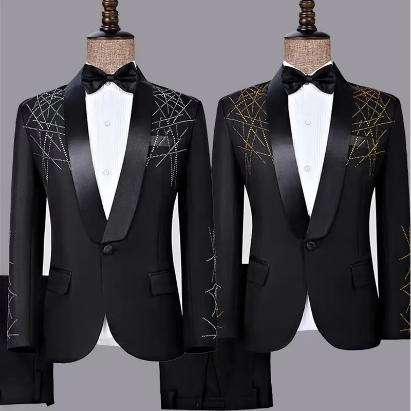 

(Blazer+Pants) Two-Piece Elegant Men's Formal Suit Black Slim Fit Rhinestones Tuxedo Set for Groom Wedding Banquet Singer Host