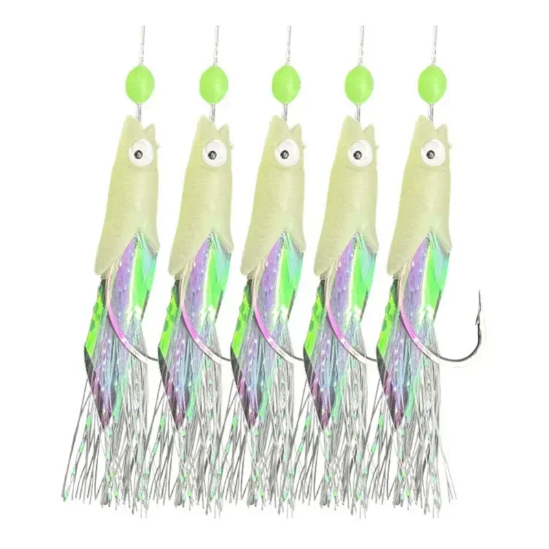 5pcs Artificial Bait Laser Fish Skin Spanish Mackerel Hook Luminous Fishing Sabiki Rig String Hook For Sea Fishing Lure Equipmen