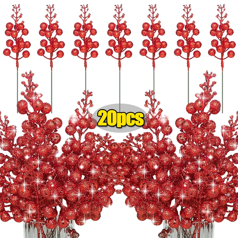 1-20Pcs Glitter Artificial Red Berry Stems Christmas Fake Berry Branches DIY Xmas Tree Garland Decoration Party Table Ornaments