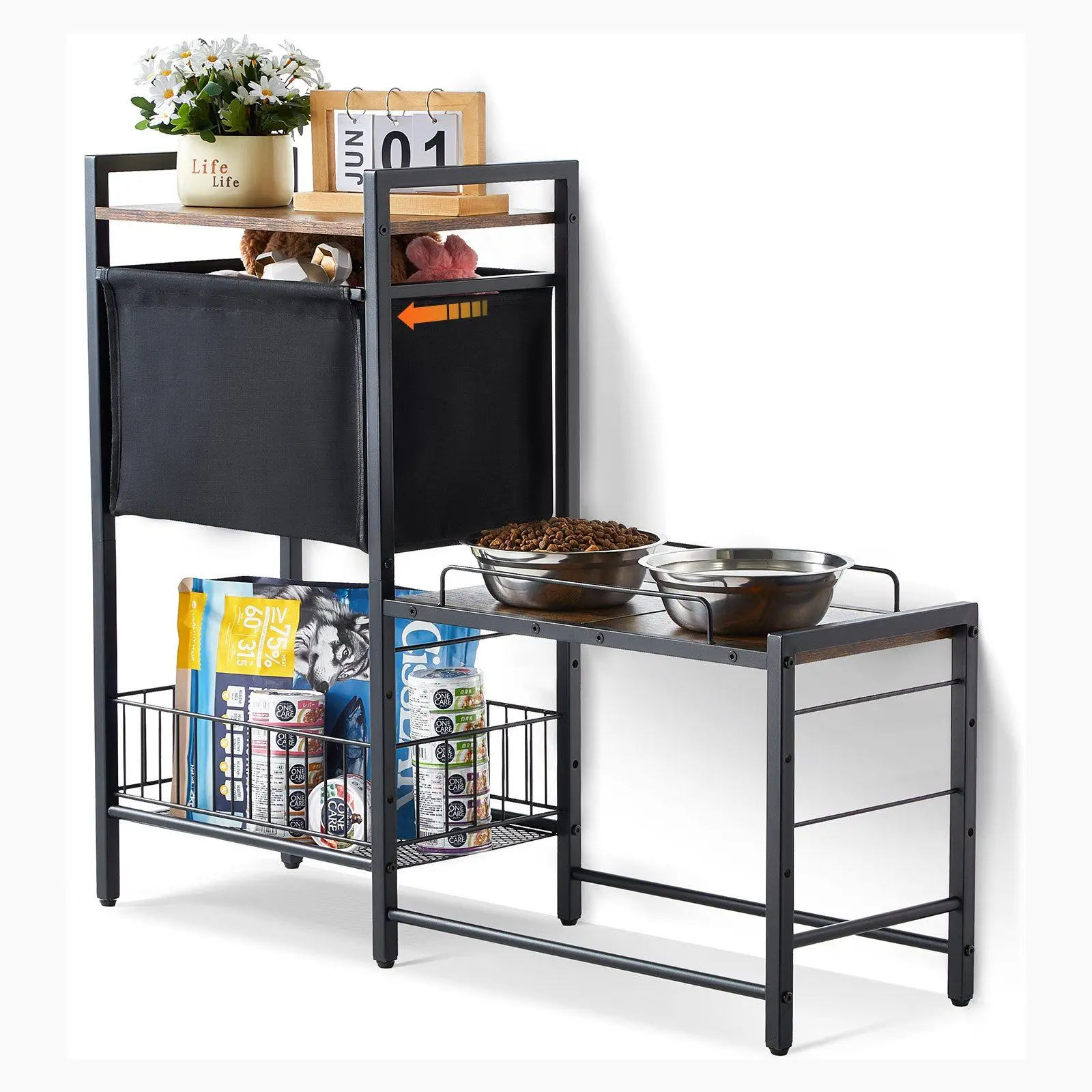 

Pet Feeding Station with Storage Dog Food & Toy Organizer Raised Dog Bowls