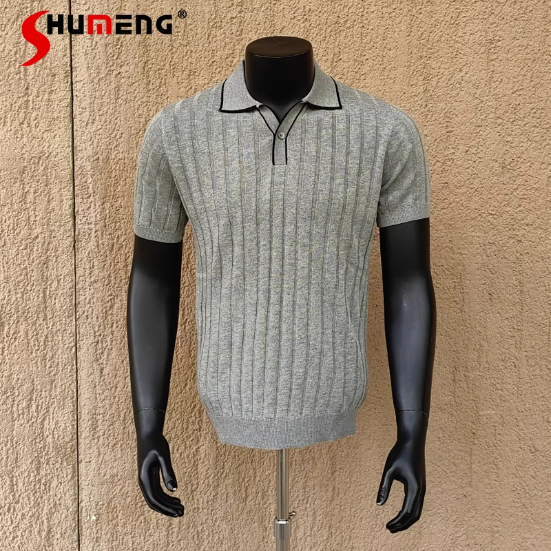 

Trendy Breathable Tops Men's 2026 Summer New Handsome V-neck Knitted Short-sleeve Tees Handsome Pullover Color Matching T-shirts