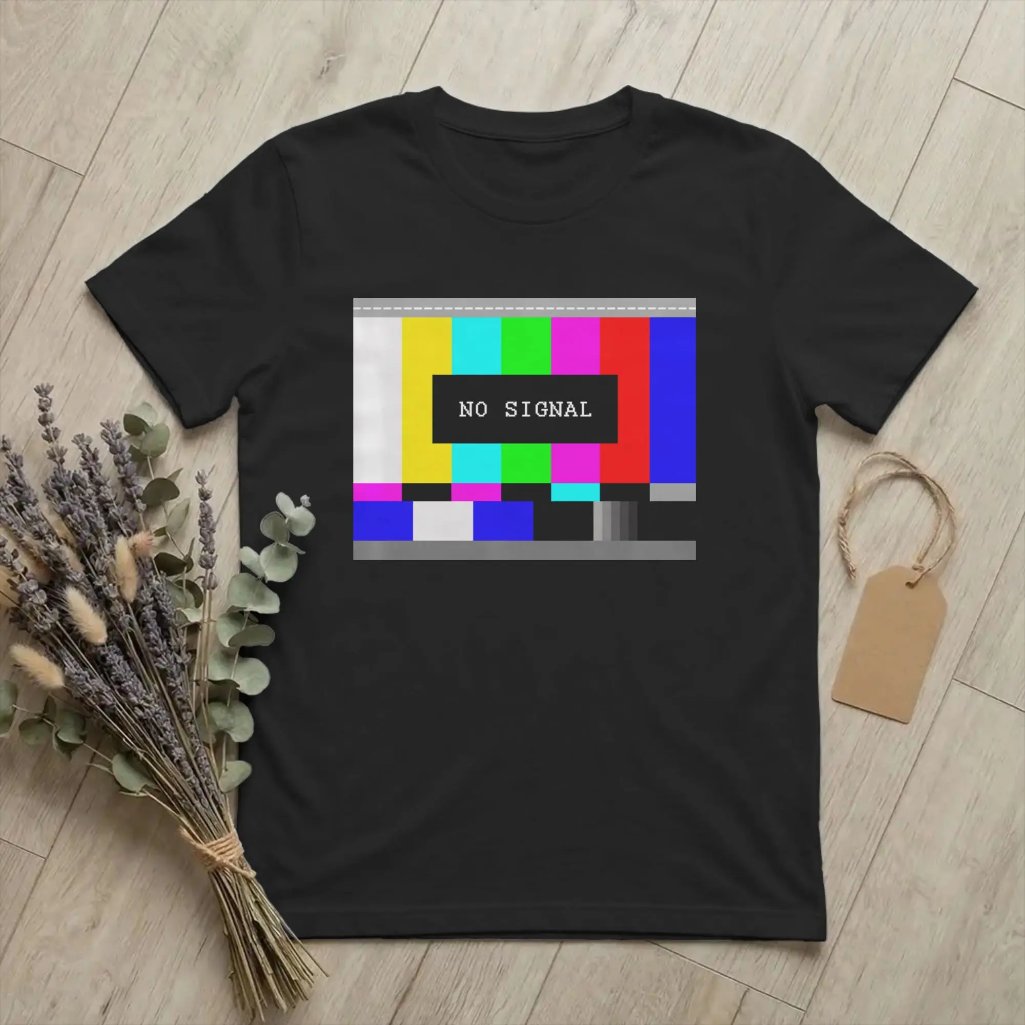 Men's T-Shirt No Signal Test Image Retro Funny Cool 100% Cotton Tees Short Sleeve Analogue TV T Shirt Round Collar Tops Graphic