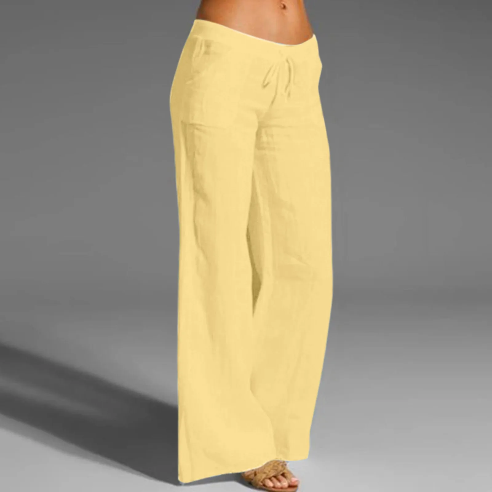 Calça comprida de linho de algodão de cintura baixa feminina, solta e confortável com cordão de perna larga, com renda, monocromática, moda casual