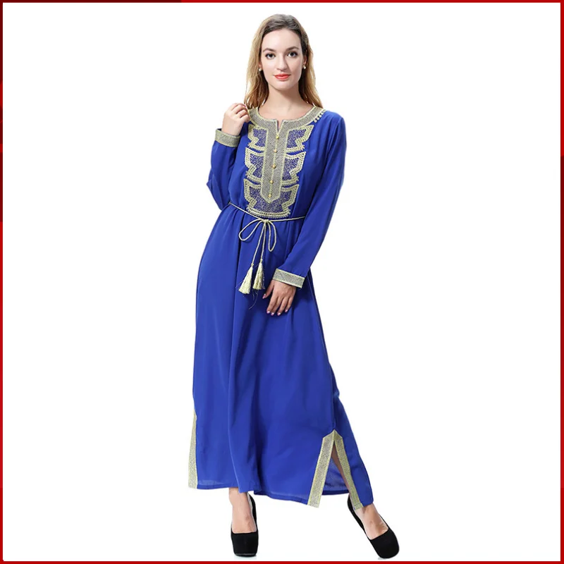 Muslim Women's Patchwork Lace Up Rivet Hemmed Open Breathable Dress Casual Loose Conservative Solid Color Robe