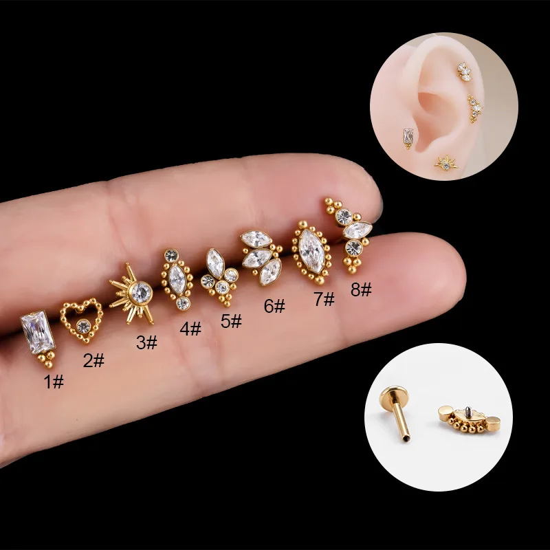 1PC G23 F136 Titanium Lip Piercing Flat Back Lip Stud for Women Zicon Heart Stone Labret Screw Cartilage Earrings Jewelry