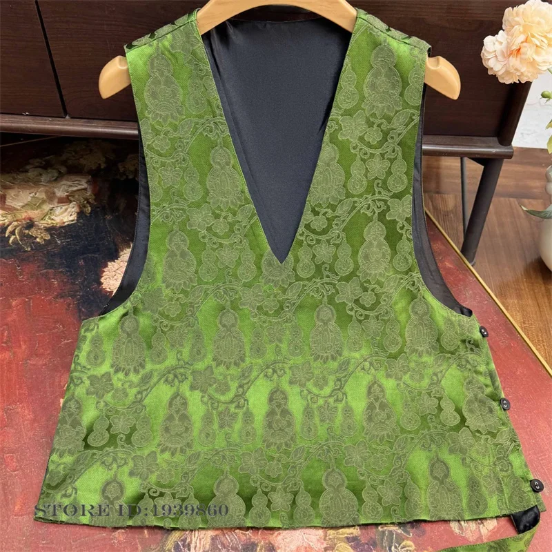 

Plus Size New Chinese Style Qipao Top Outwear Jacquard Deep V-Neck Vest Streetwear Vintage Sleeveless Hanfu Waistcoat Jacket