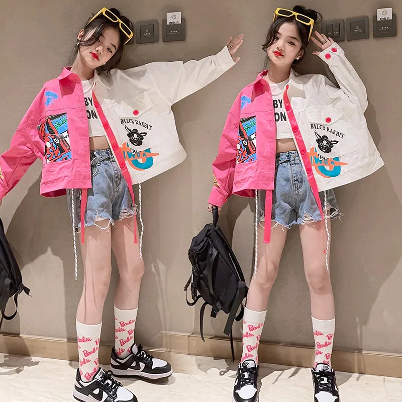 Novelty Design Girls Jacket Children\'s Clothing Coats White Pink Patchwork Cartoon Print Cotton Denim Jackets Tops Kids Outwear