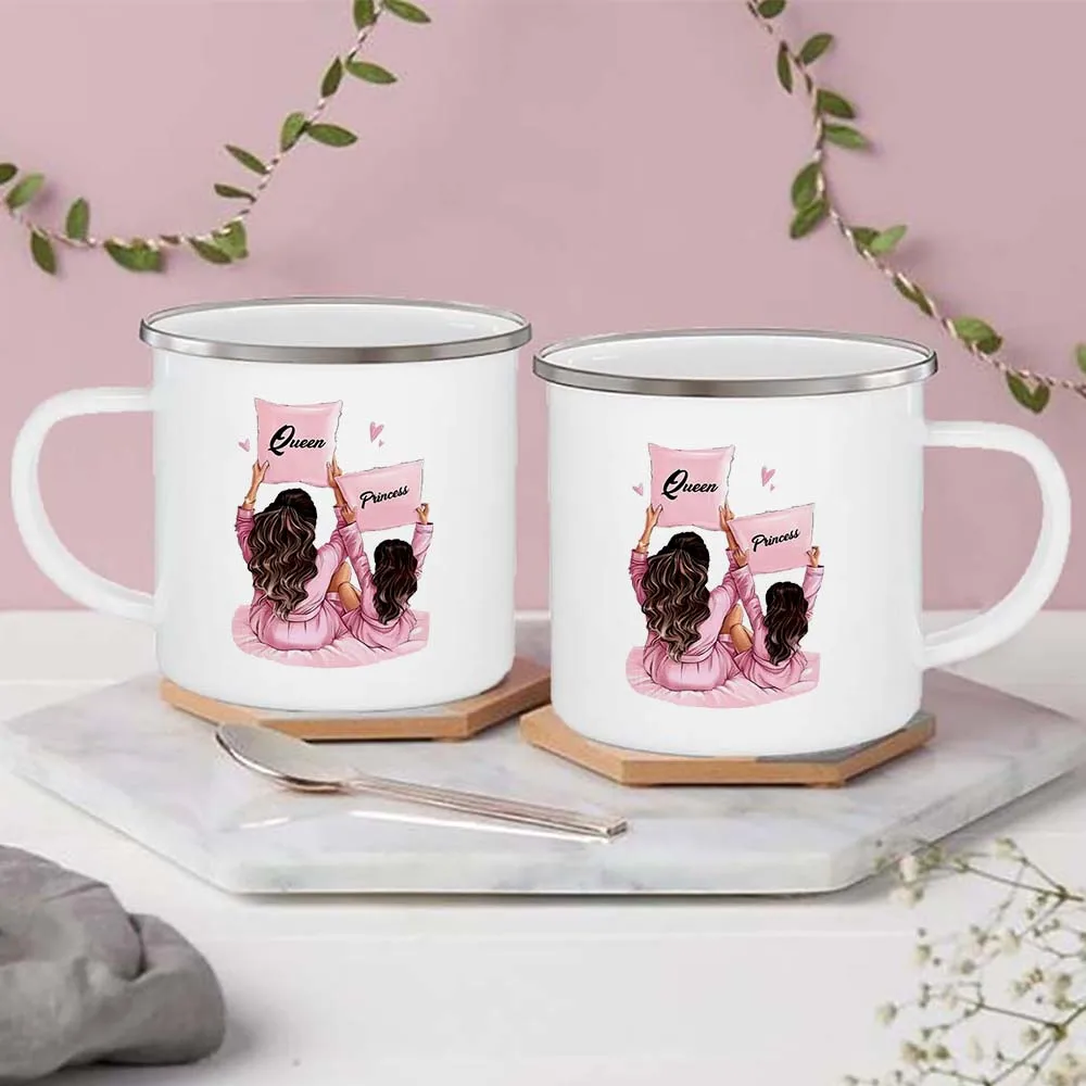 Queen and Princess Print Enamel Mug Family Matching Coffee Cup Camping Mug Festive Mothers Day Birthday Gift for Mom or Daughter