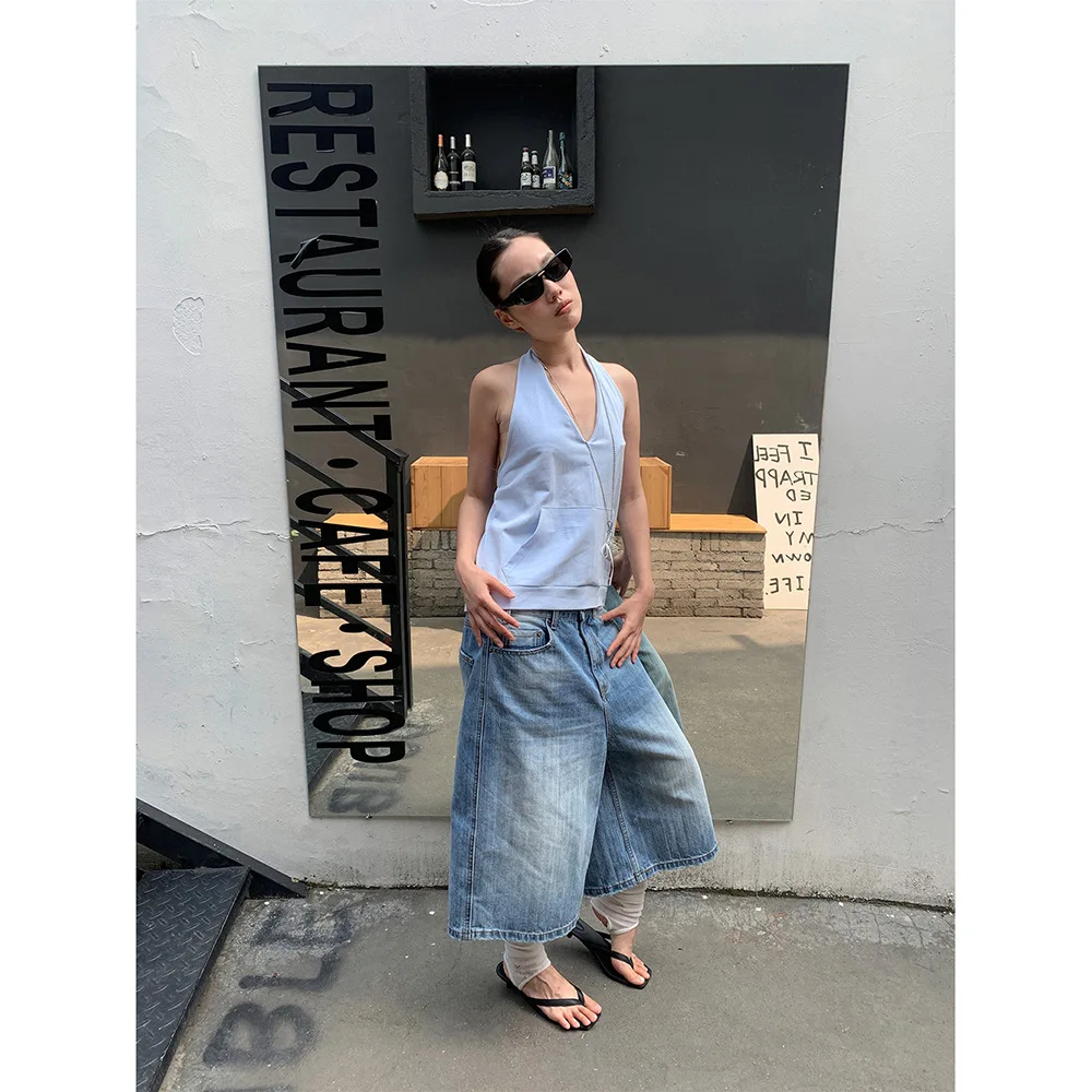 Szerokie spodnie jeansowe damskie vintage do łydki, spodnie z średnim stanem, sprane, postarzane, z kieszeniami, streetwear, lato 2025, damskie jeansy.