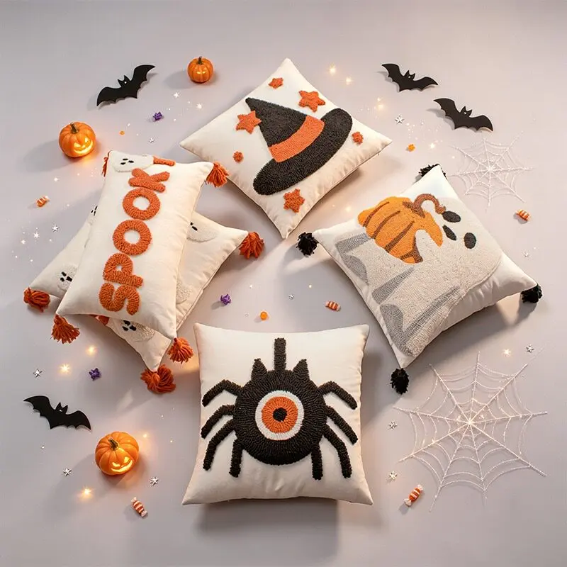 Soft Cozy Halloween Tassel Embroidered Lumbar Cushion for Sofa Living Room Bedroom Holiday Funny Decor Pillow