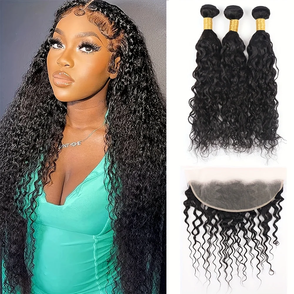 

Пучок человеческих волос с волной воды и кружевной фронтальной частью бразильского плетения волос с прозрачной кружевной фронтальной застежкой 13x4 для женщин