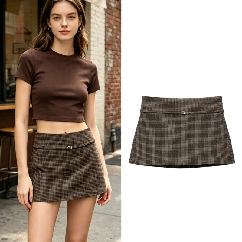 Women's Skirts 2026 New Plaid Mid-waist With Belt Skirt Pants Fashion Side Zipper Casual Female Vintage Mini Skirt