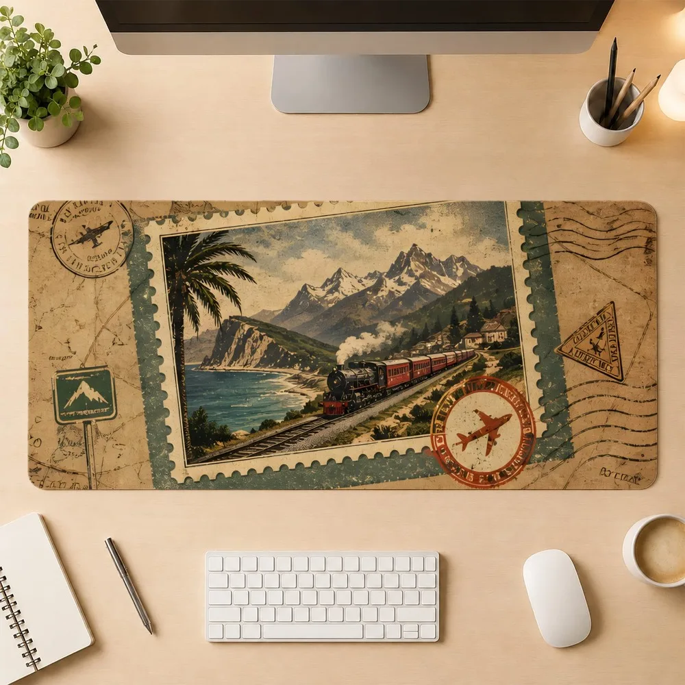 Retro-Postkarten-Design mit Zugreisen-Motiv, rutschfeste Basislage, Schreibtischunterlage, Mauspad, große Gaming-Mausmatte, mechanisches Tastaturpad