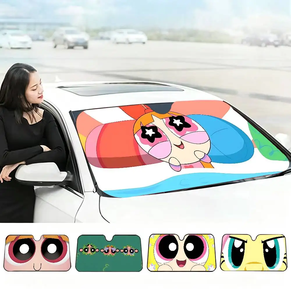 Cartoon T-The P-Powerpuff G-Girls Car Sunshade Window Sunshade Sunblock Front Hood Interior Front Baffle Double Sunshade