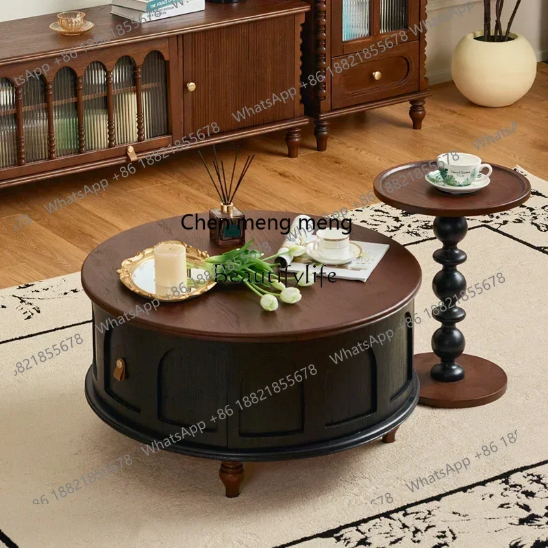 

New Arrivals French retro solid wood small side table American living room round coffee table mobiless 7304
