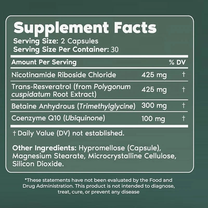 NAD+supplements: Niacinamide Nucleoside, Resveratrol, Betaine, Coenzyme Q10, Cell Health Support Supplement, 60 Capsules