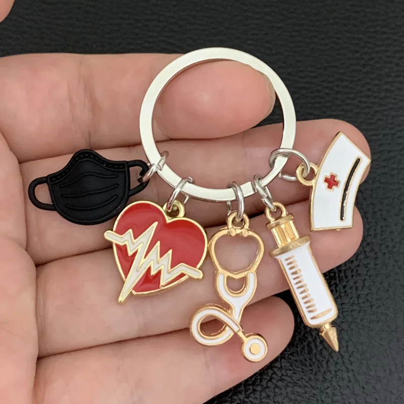 Medical Tool Keychain Doctor Nurse Cap Syringe Heartbeat Stethoscope Keyring Bag Charms Key Accessories Jewelry Handmade Gifts