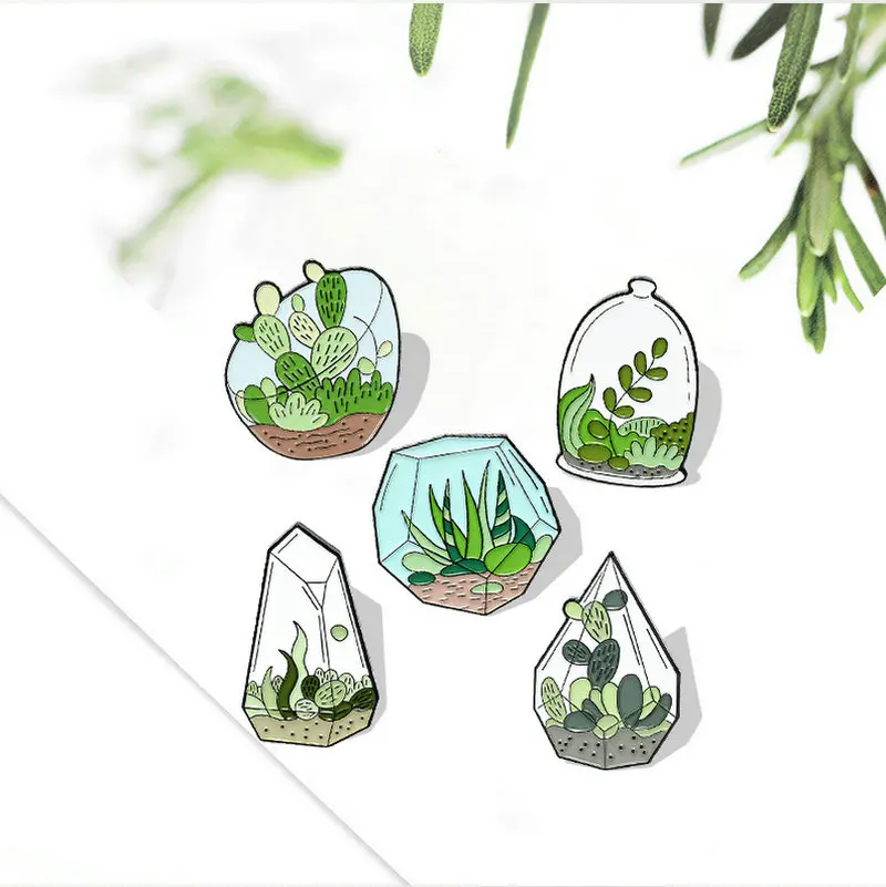 Potted Plant Enamel Pins Custom Terrarium Cactus Aloe Brooches Bag Clothes Lapel Pin Green Plant Badge Jewelry Gift for Friends