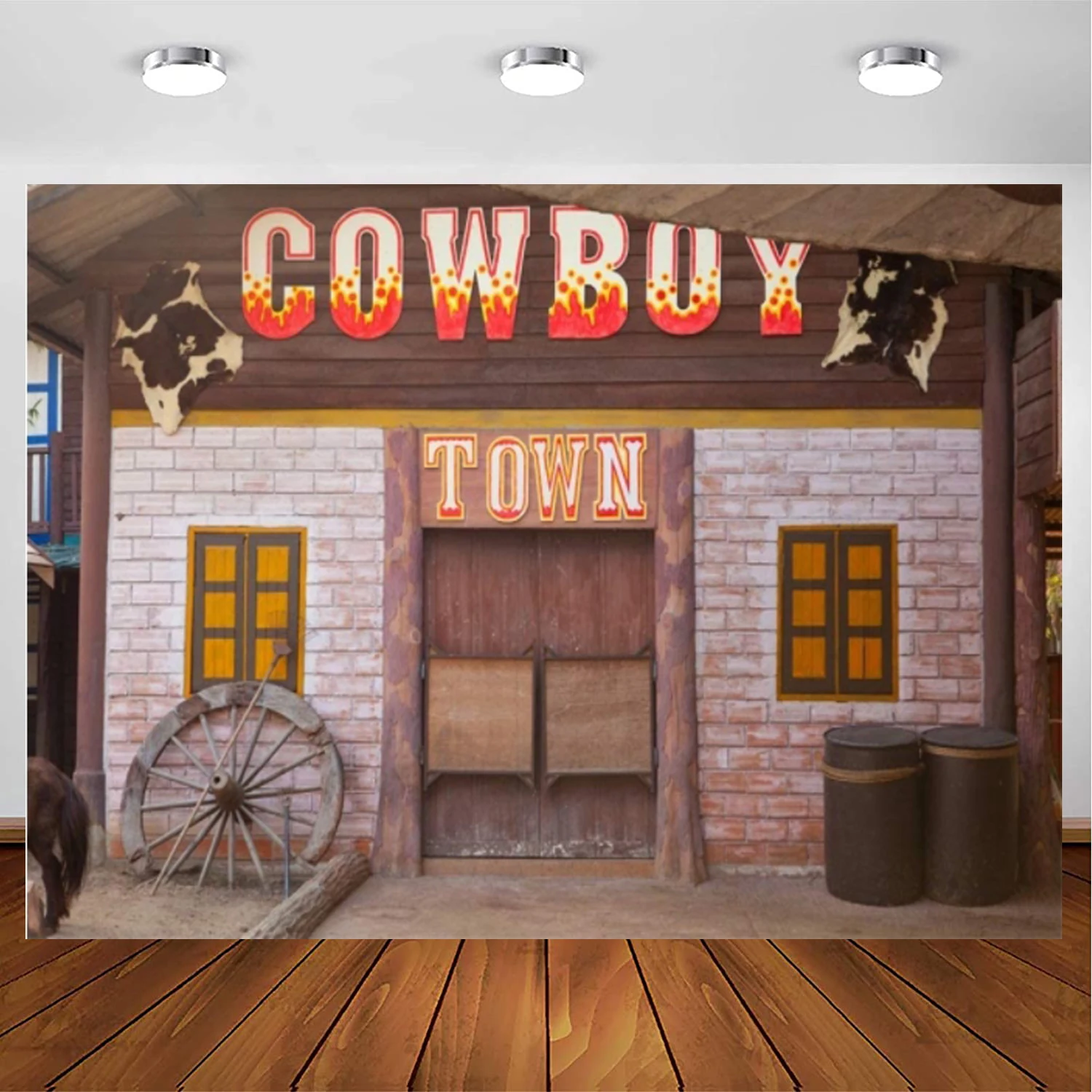 Country Western Barn Photography Backdrop Parties Wild West Cowboy Farmhouse Tavern Wood Wheel Town Building Doorway Background