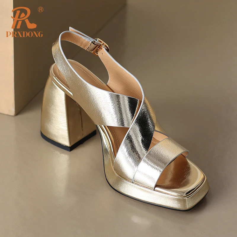 PRXDONG New Arrivals SUmmer Shoes Woman Sandals Genuine Leather Square High Heels Platform Gold Silver Dress Party Wedding Lady