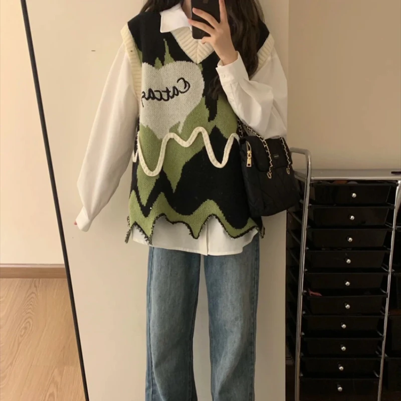 V-neck Sweater Vest Women Preppy Style Candy Color Sweet Loose Leisure Streetwear Korean Trendy Design Ladies Autumn Tops
