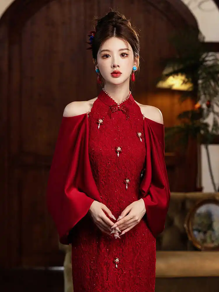 

Chinese Sle Wedding Dr New 2025 Red Wine Color Guest eeting Ceremony Bride Cus Made Long Evening Gown