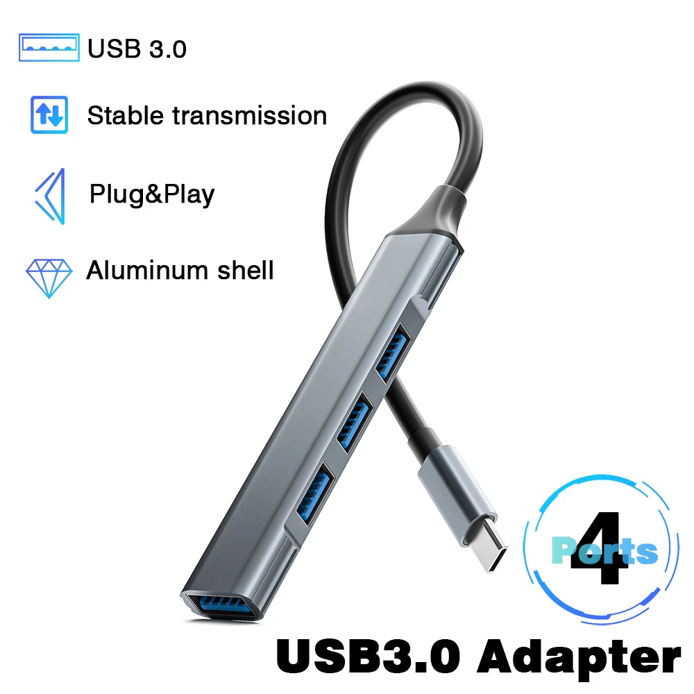 HUB USB 3.0 Type C à 4 Ports, Adaptateur USB 3.0, Multi Mathiateur Haute Vitesse 5Gbps avec PD 100W pour Macbook Pro Air PC Ordinateur Portable