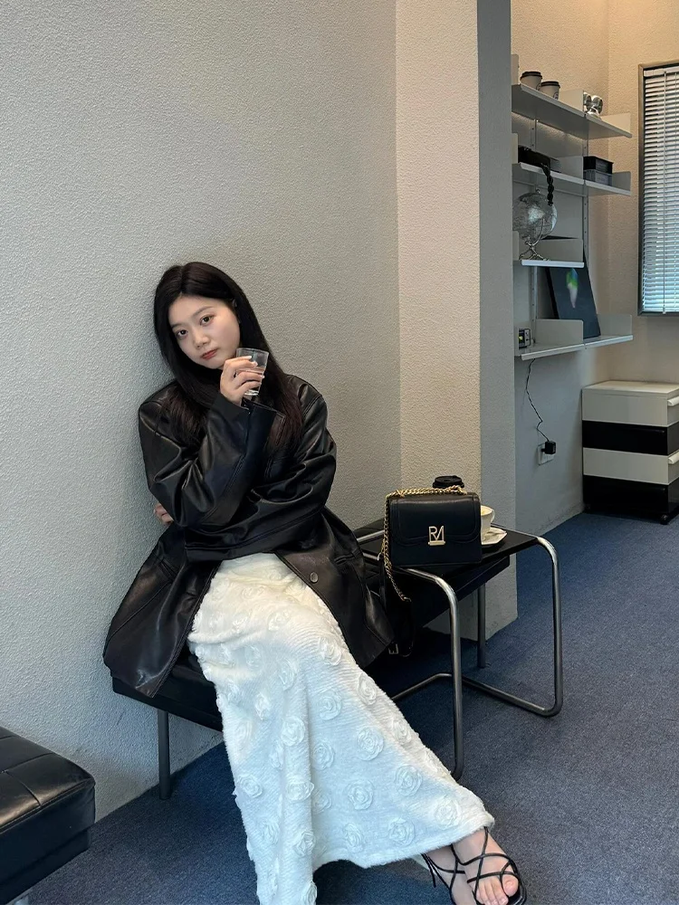 2025 신상 퓨어 블랙 수트 가죽 자켓 여성용 가을 겨울 루즈핏 개성있는 하이엔드 심플 가죽 자켓 한국 스타일