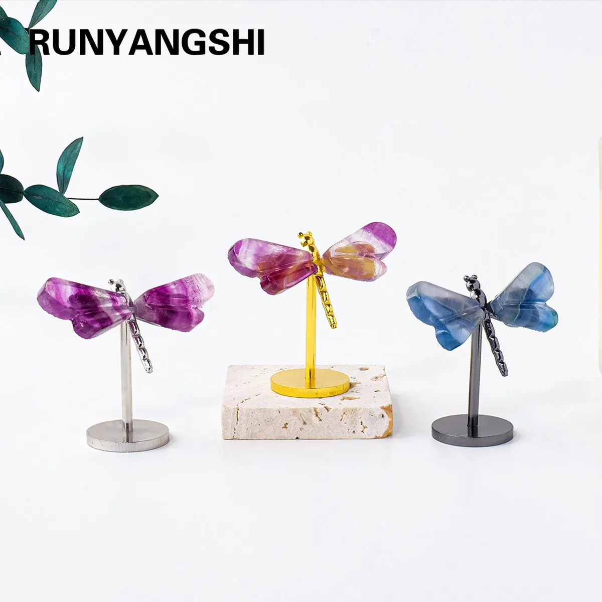 1PC Hand-Carved Natural Rainbow Fluorite Dragonfly Statue - Healing Crystal Decor for Home & Office