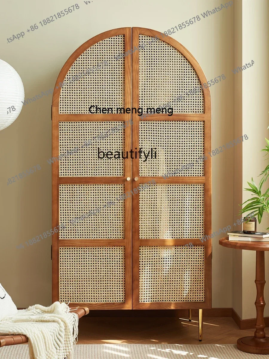 

X Nordic Vintage Wardrobe Solid Wood Household Rattan Bedroom Storage Storage Double Door WardrobeA