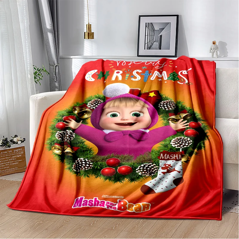 3D M-Masha and B-Bear Christmas Cartoon Soft Plush Blanket,Flannel Blanket Throw Blanket for Living Room Bedroom Bed Sofa Cover