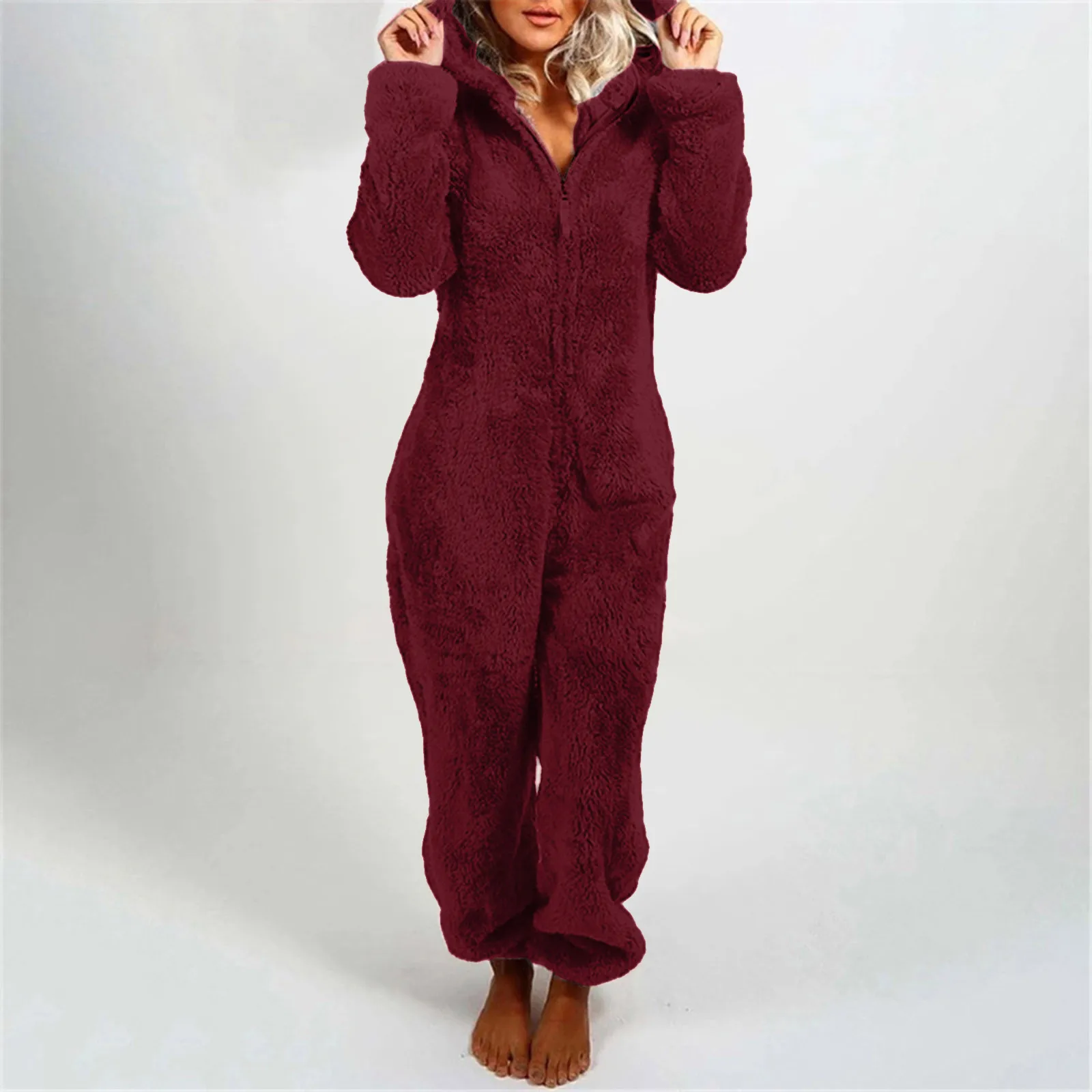 Pyjama en peluche à capuche avec fermeture éclair pour femme, grenouillères, vêtements de nuit, combinaison, oreille de chat, sourire chaud, document solide, mignon, grande taille, hiver, 2024