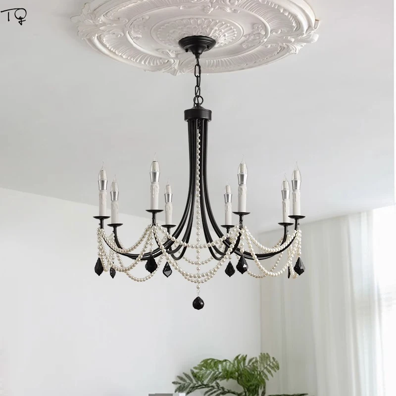 French Retro Designer Crystal Chandelier LED E14 Romantic Black/White Pearl Hanging Lamp Living/princess Room Bedroom Kitchen