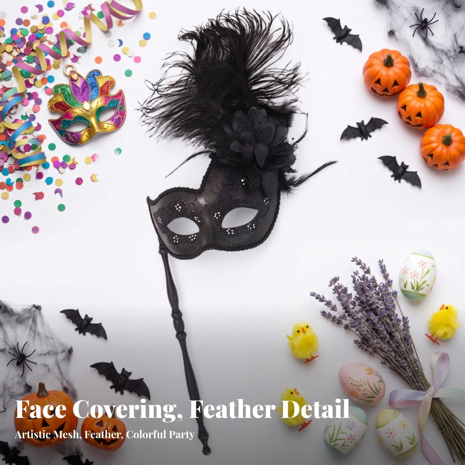 Masquerade Mask with Stick Easy to Hold Costume Mask with Stick Feathered Ornate for Carnival, Halloween