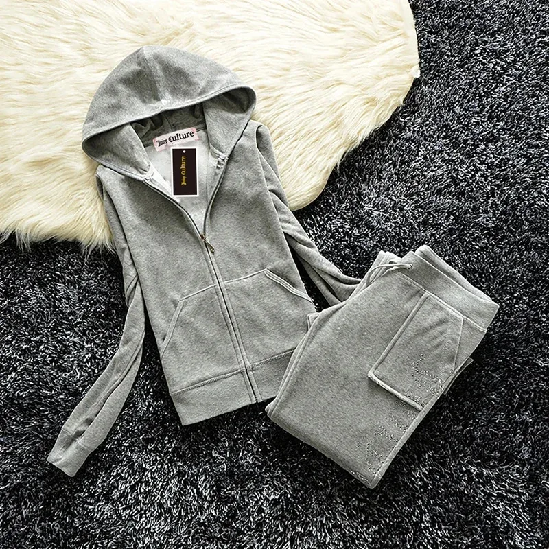 JC Tracksuit Women Velvet Women's Brand Velour Sewing Suit Women Track Suit Hoodies And Pants Sets JC couture with rheinstone