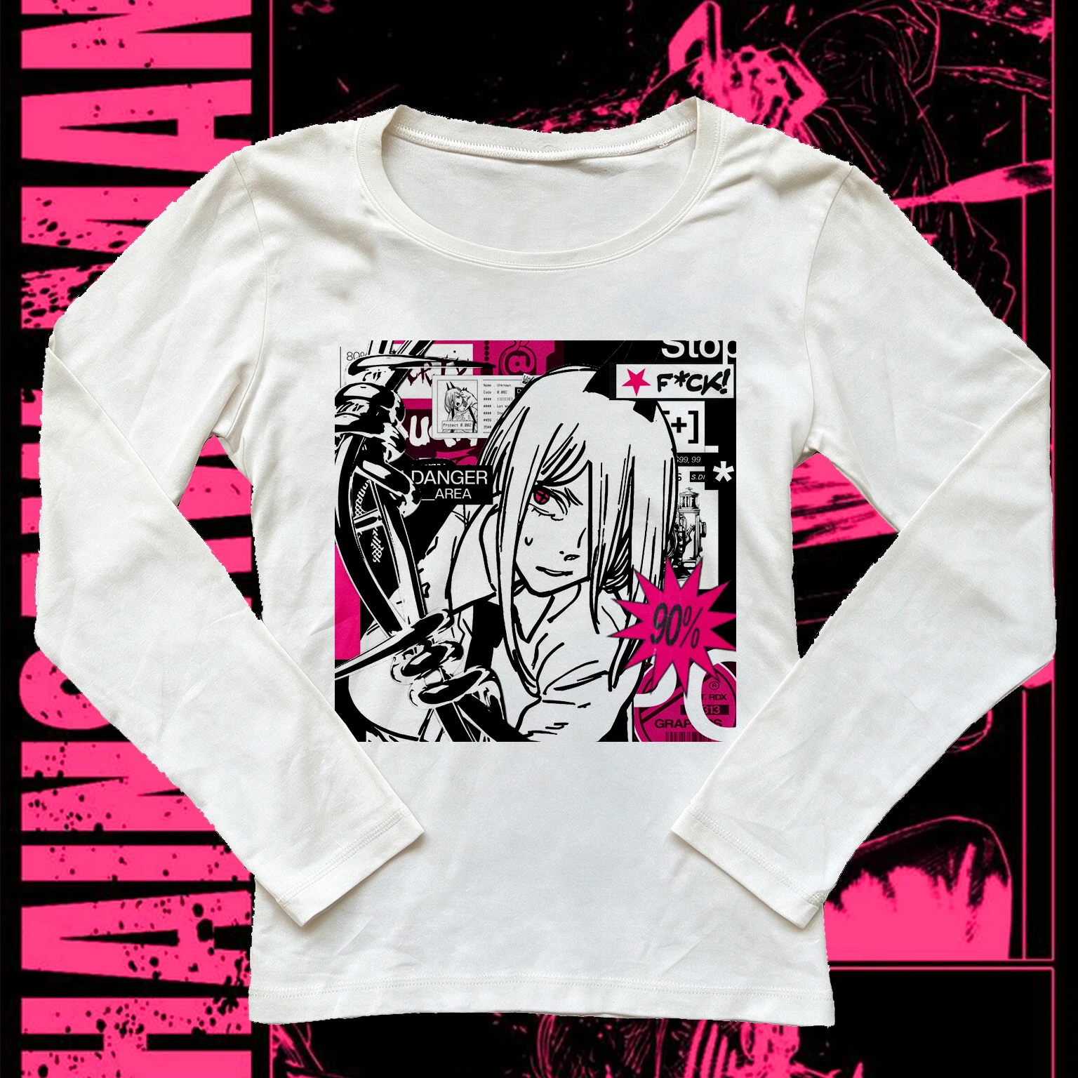 Women's Long Sleeve T-shirt, Chainsaw Man Power Pink Black Collage Manga Print Tee, Y2K Harajuku Egirl Aesthetic Slim O-neck Cas