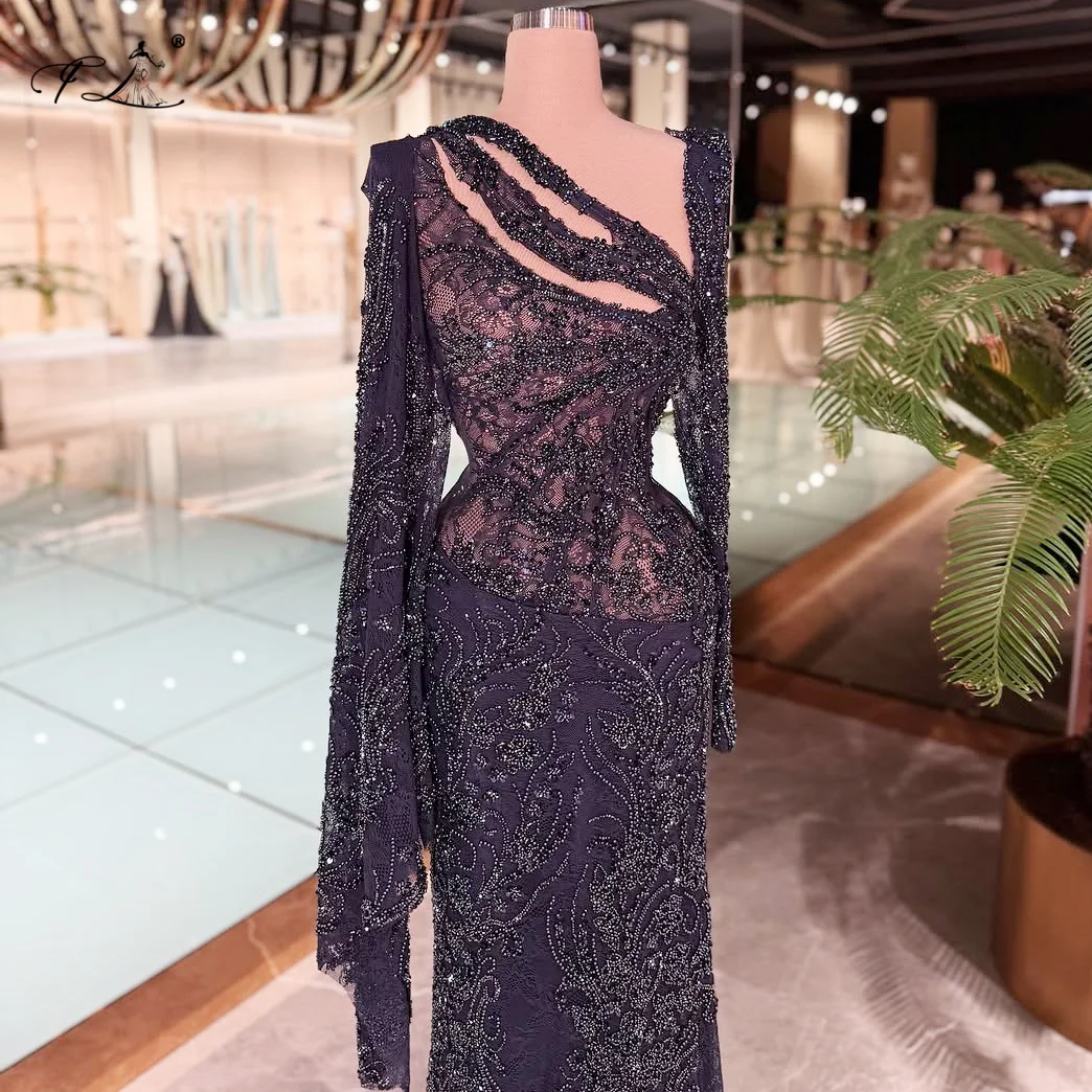 Sexy Lace Mermaid Dress With Slanted Neckline And Irregular Sleeves Beaded Cocktail Dress Special Occasion Gown Party Dress