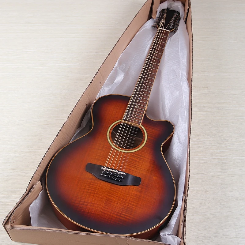 12弦エレクトリックアコースティックギター フレイムオークトップ 40インチ カッタウェイデザイン EQ付き フォークギター 欠陥あり ブラウン&サンバースト&レッド