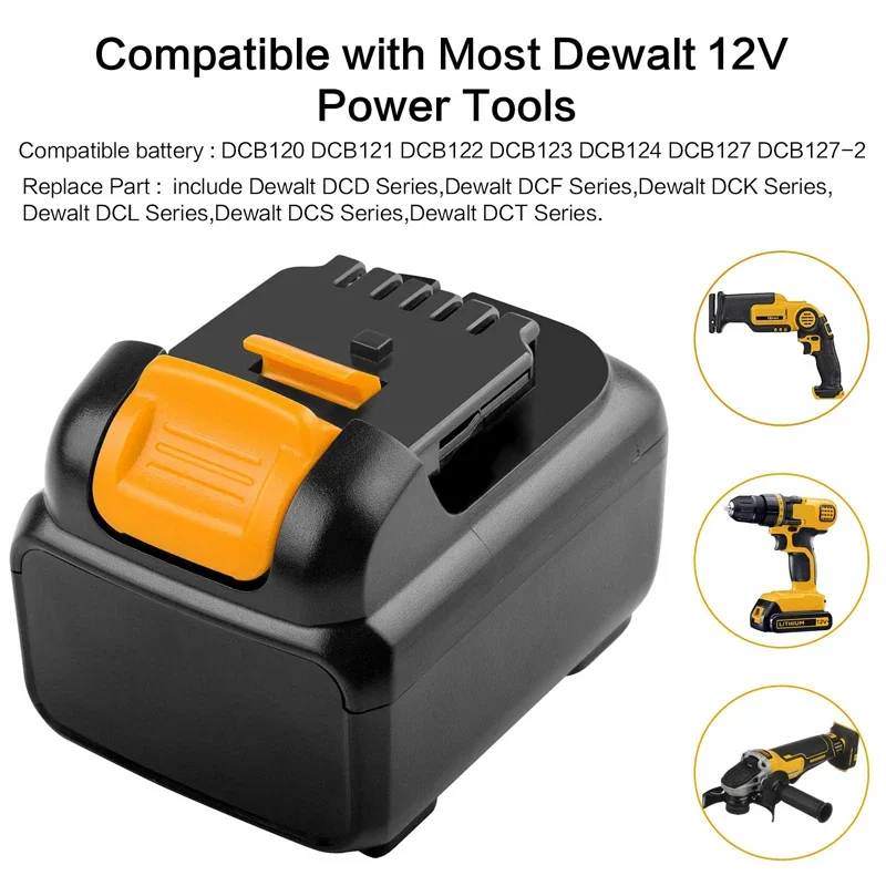 6,0 Ah DCB120 Akku-Ersatz, kompatibel mit Dewalt 12 V Lithium Max Power Tools DCB121 DCB123 DCB122 DCB124 DCB125 DCB127
